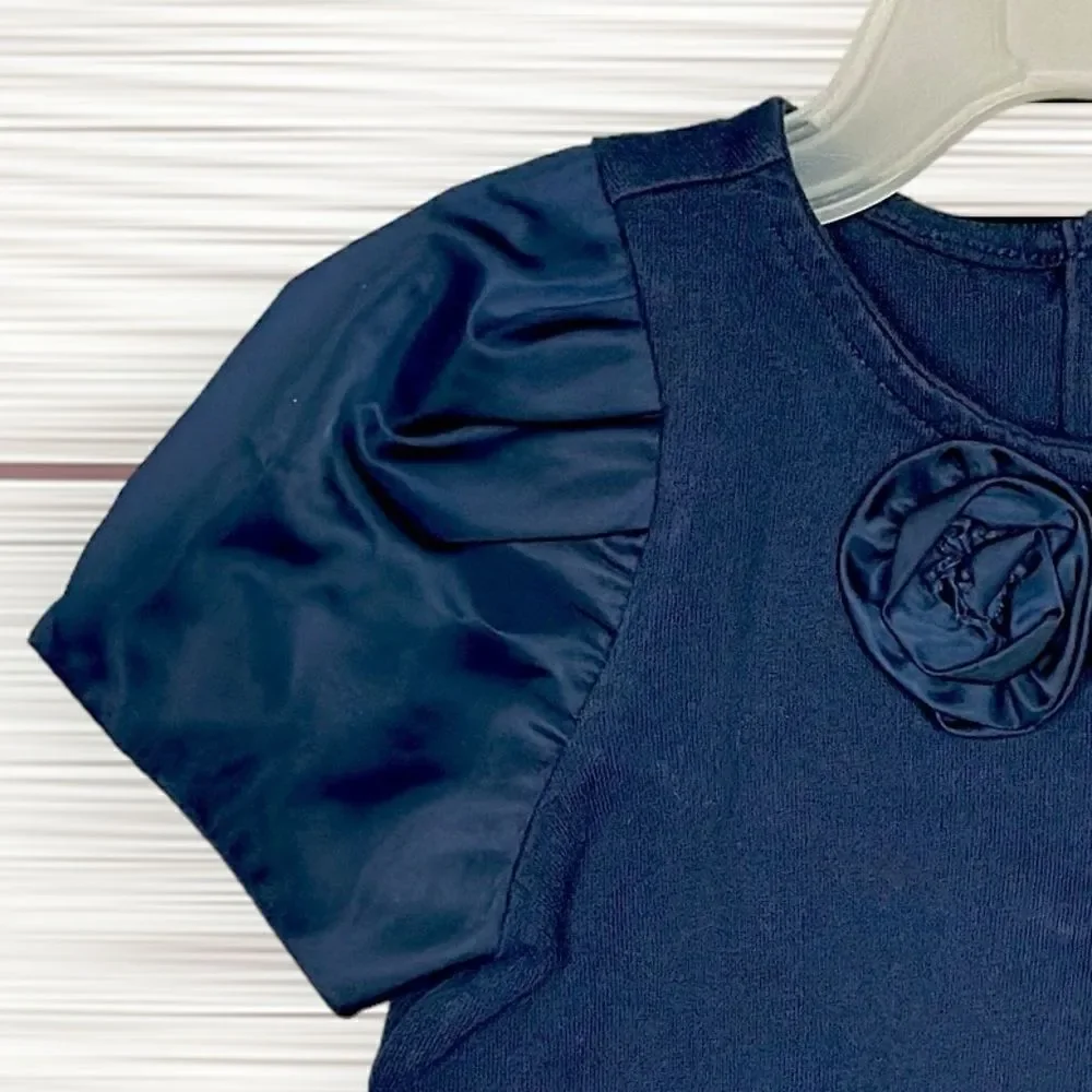 Janie & Jack Girls Top Shirt Size 3 Navy Blue Satin Sheen Rosettes And Sleeves